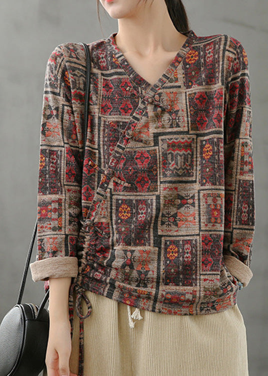Top vintage con cuello en V, estampado y cordón ajustable para primavera