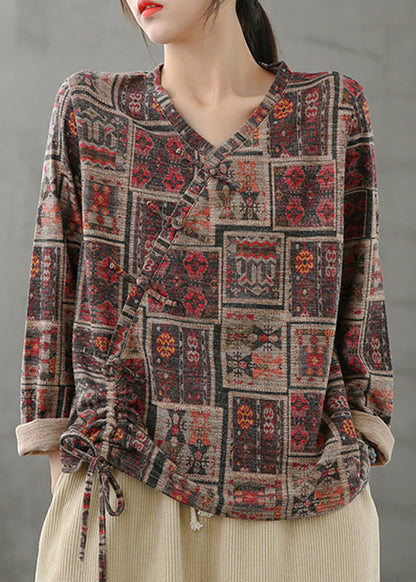 Top vintage con cuello en V, estampado y cordón ajustable para primavera