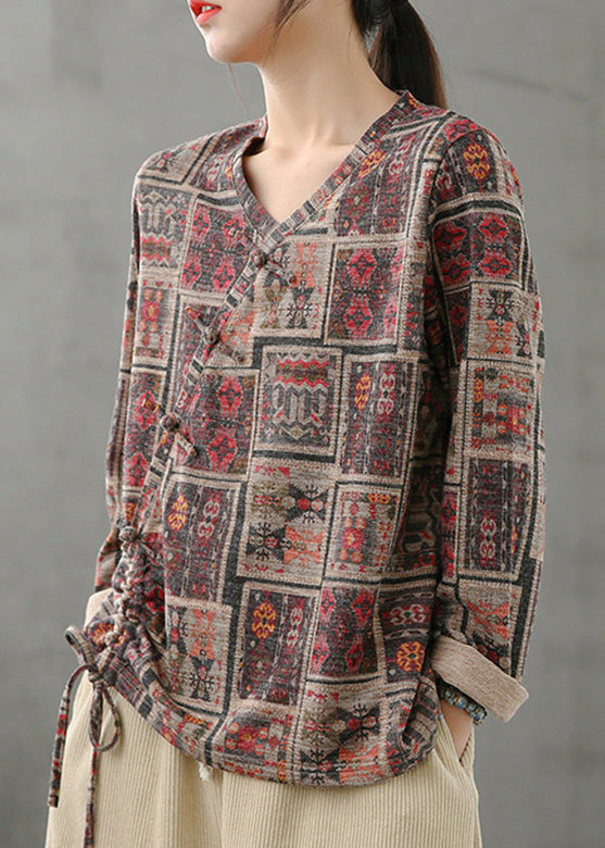 Top vintage con cuello en V, estampado y cordón ajustable para primavera