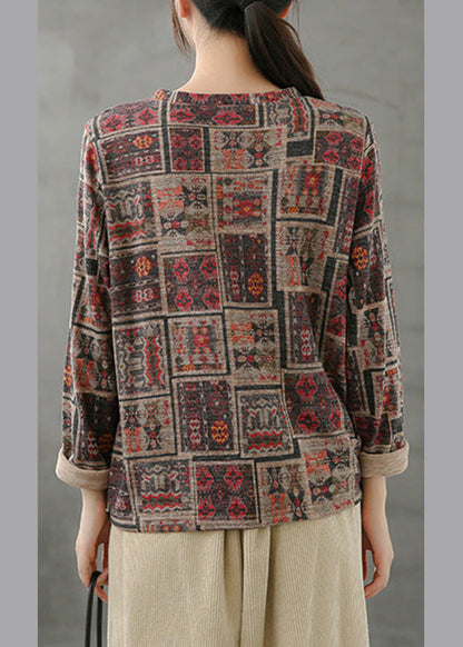 Top vintage con cuello en V, estampado y cordón ajustable para primavera