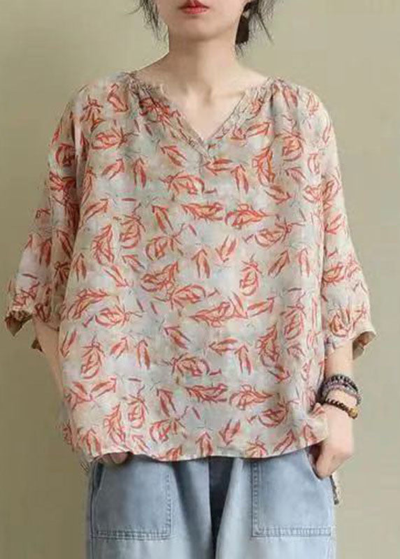 Vintage V-Ausschnitt Print Lose Herbst Shirt Halbarm