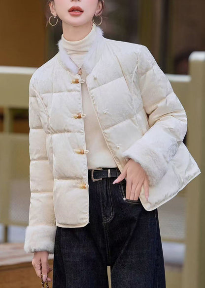 Abrigos de invierno vintage de plumón de pato y pelo de visón con botones chinos blancos y patchwork