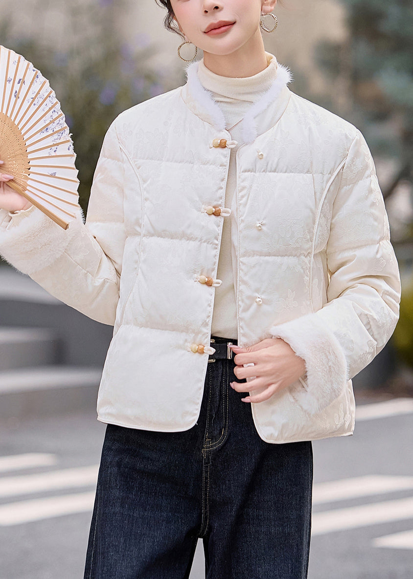 Abrigos de invierno vintage de plumón de pato y pelo de visón con botones chinos blancos y patchwork