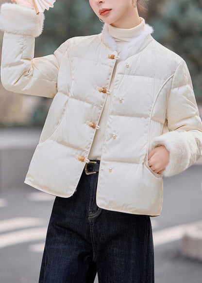 Abrigos de invierno vintage de plumón de pato y pelo de visón con botones chinos blancos y patchwork