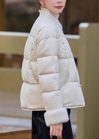 Abrigos de invierno vintage de plumón de pato y pelo de visón con botones chinos blancos y patchwork