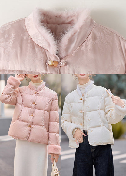 Abrigos de invierno vintage de plumón de pato y pelo de visón con botones chinos blancos y patchwork