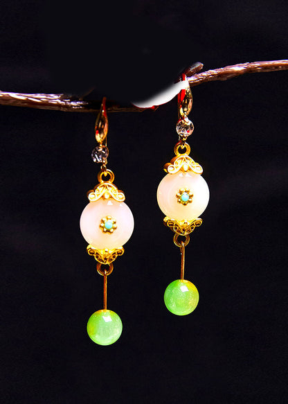 Pendientes colgantes vintage de jade blanco y circonita fina