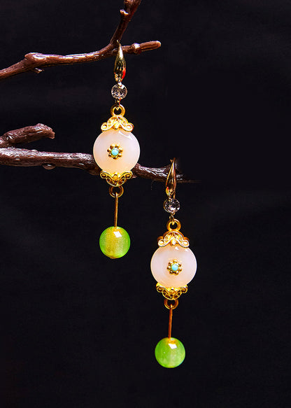Pendientes colgantes vintage de jade blanco y circonita fina