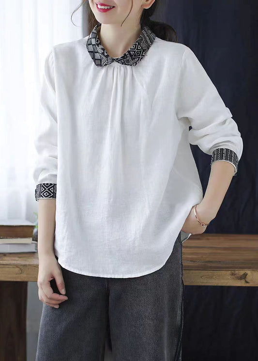 Vintage Weiß Peter Pan Kragen Patchwork Leinen Bluse Tops Frühling