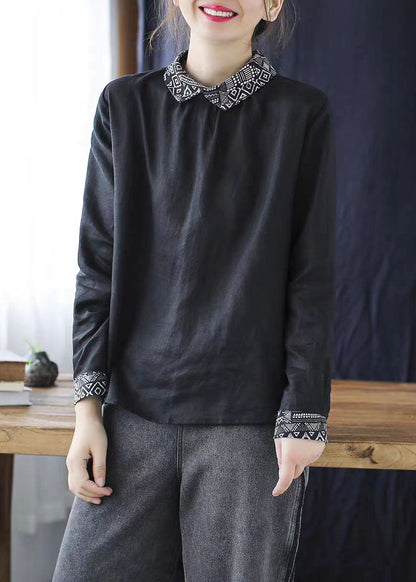 Blusa vintage de lino con cuello Peter Pan blanco y patchwork para primavera