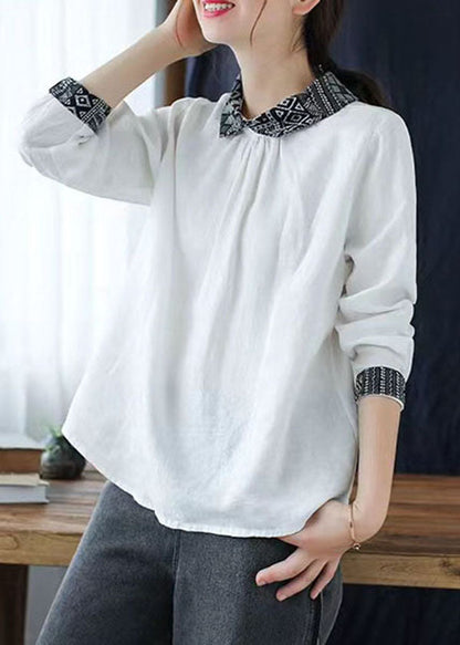 Blusa vintage de lino con cuello Peter Pan blanco y patchwork para primavera