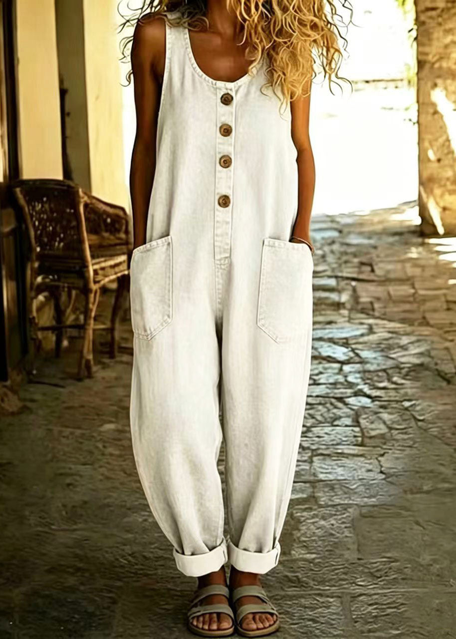 Vintage White Pockets Oversized Denim Jumpsuits Summer