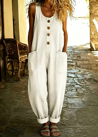 Vintage White Pockets Oversized Denim Jumpsuits Summer