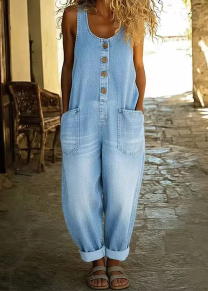 Vintage White Pockets Oversized Denim Jumpsuits Summer