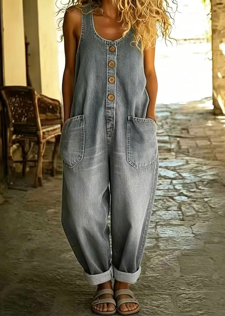 Vintage White Pockets Oversized Denim Jumpsuits Summer
