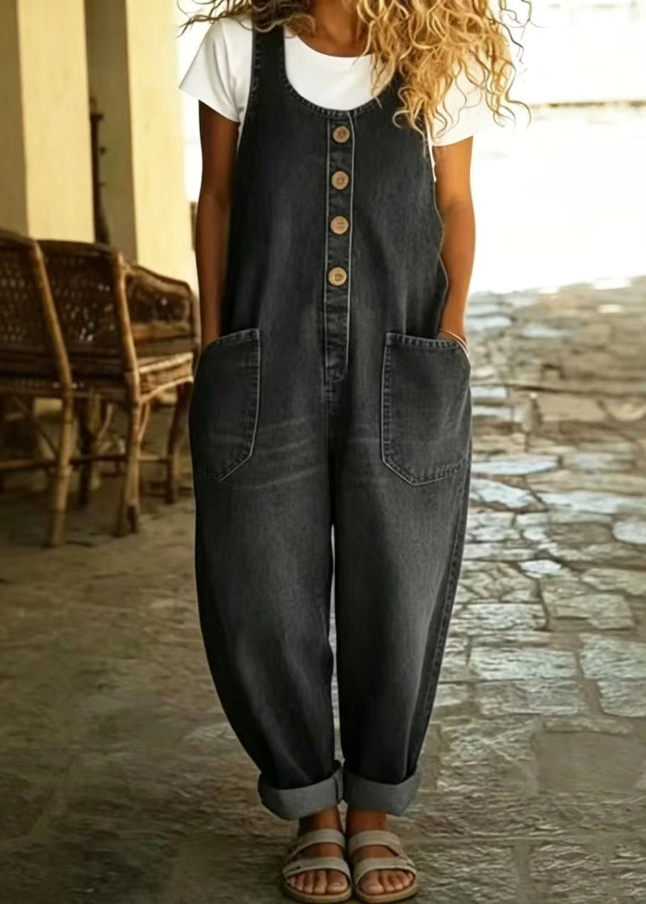 Vintage White Pockets Oversized Denim Jumpsuits Summer