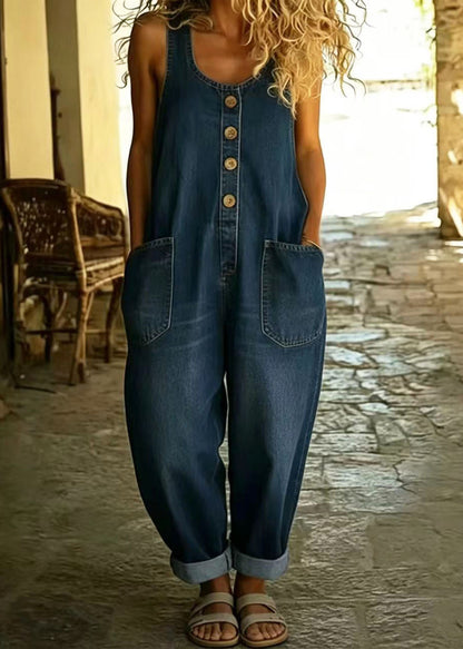 Vintage White Pockets Oversized Denim Jumpsuits Summer