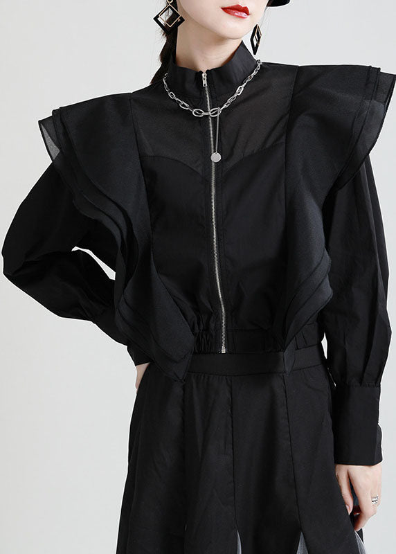 Vintage Weiß Rüschen Reißverschluss Patchwork Tüll Herbst Langarm Mantel