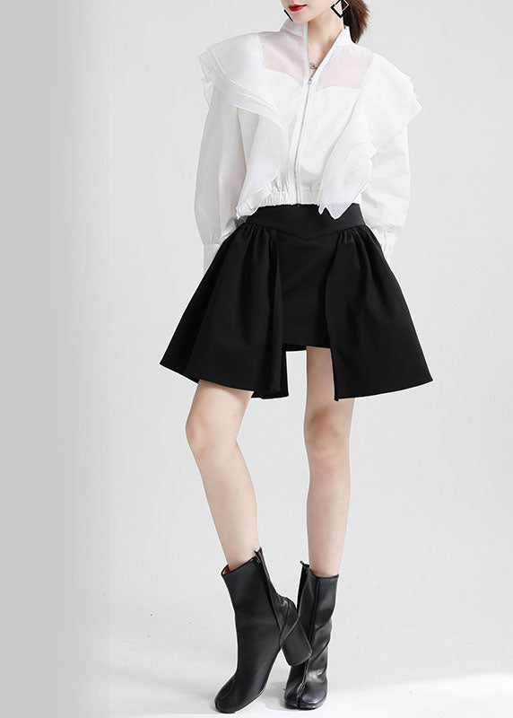 Vintage Weiß Rüschen Reißverschluss Patchwork Tüll Herbst Langarm Mantel