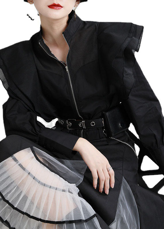 Vintage Weiß Rüschen Reißverschluss Patchwork Tüll Herbst Langarm Mantel