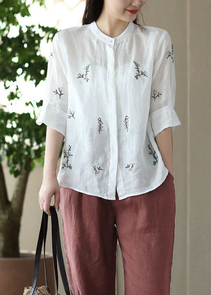 Blusas vintage de lino con cuello alto blanco y bordado de patchwork para verano