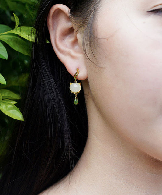 Pendientes vintage de jade dorado en plata de ley blanca