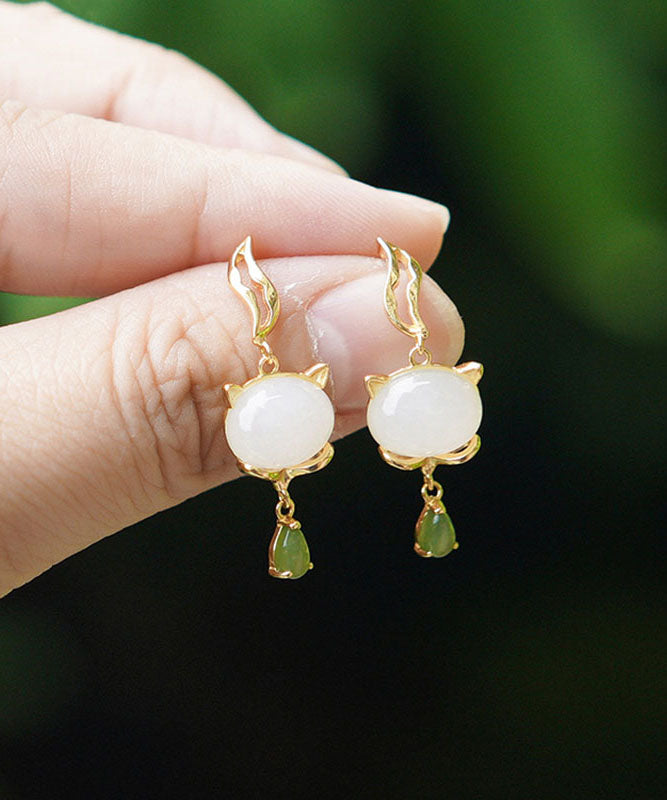 Pendientes vintage de jade dorado en plata de ley blanca