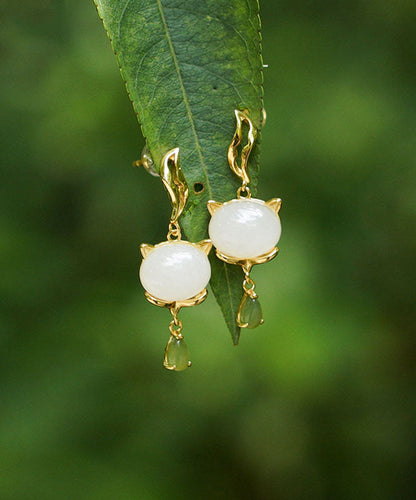 Pendientes vintage de jade dorado en plata de ley blanca