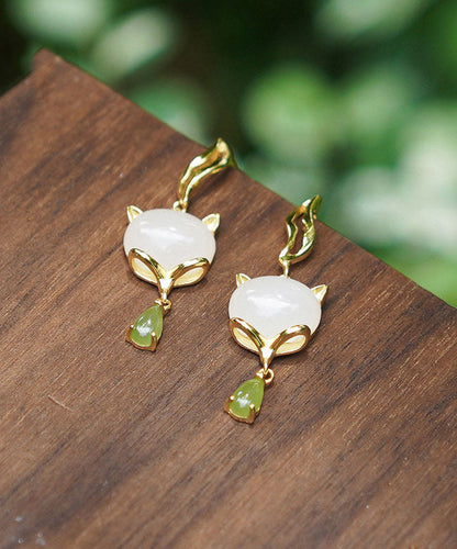 Pendientes vintage de jade dorado en plata de ley blanca