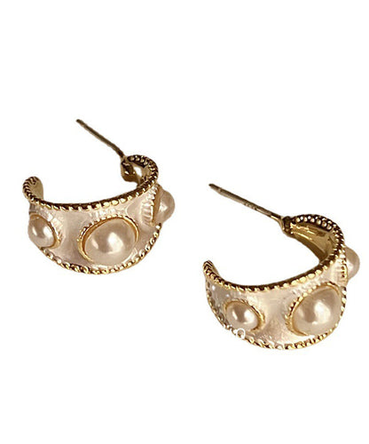 Pendientes de aro vintage en forma de C con perla dorada en plata de ley blanca