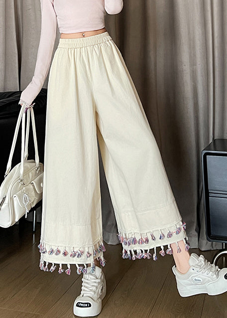 Pantalones cortos vintage de algodón con patchwork y borlas blancas para primavera