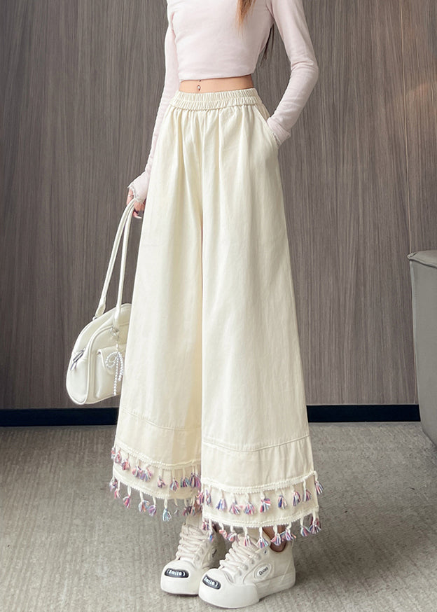 Pantalones cortos vintage de algodón con patchwork y borlas blancas para primavera