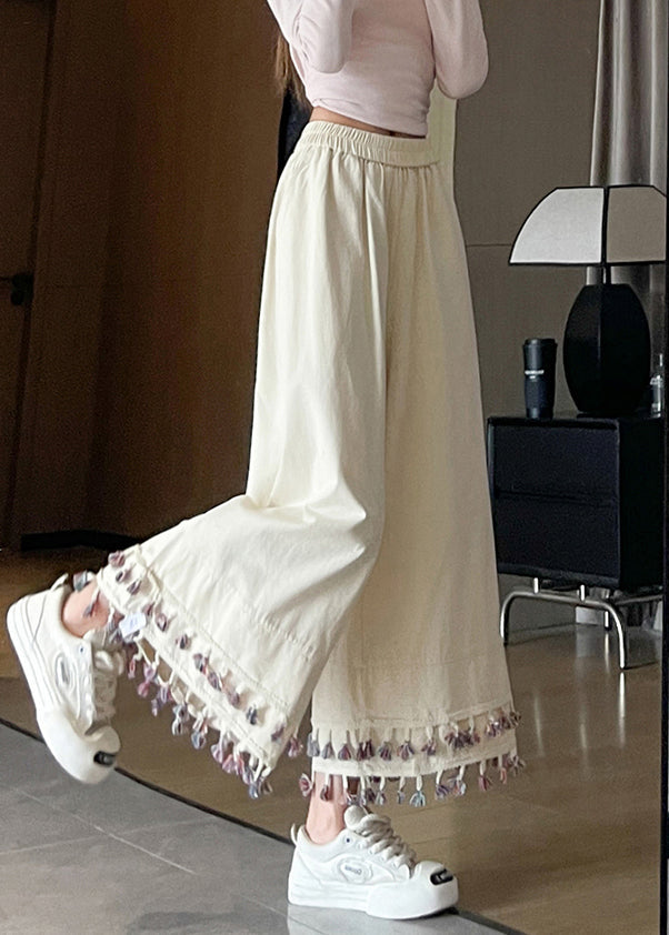 Pantalones cortos vintage de algodón con patchwork y borlas blancas para primavera