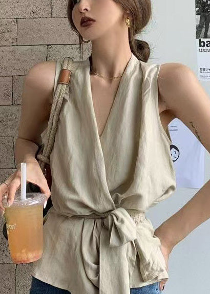 Vintage White Tie Waist Linen Vests Sleeveless