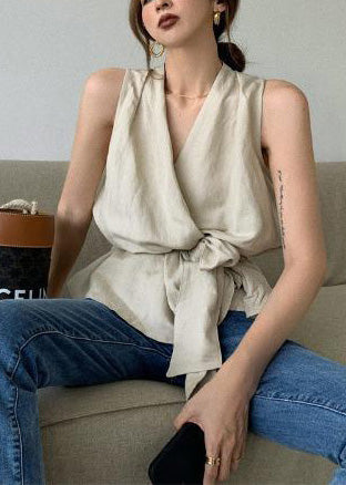 Vintage White Tie Waist Linen Vests Sleeveless