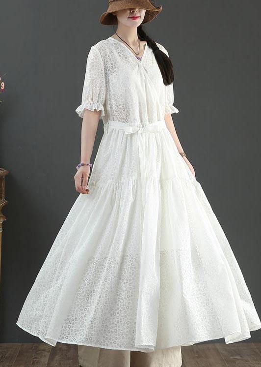 Vintage White V Neck Button Maxi Summer Cotton Dress - SooLinen