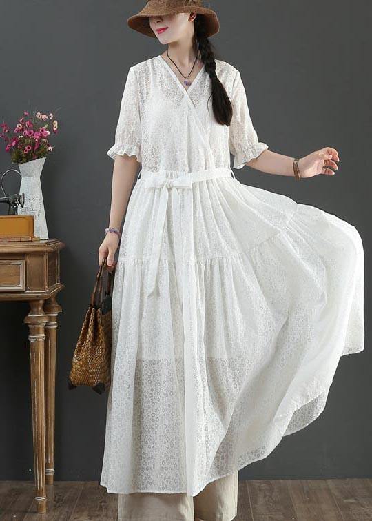 Vintage White V Neck Button Maxi Summer Cotton Dress - SooLinen