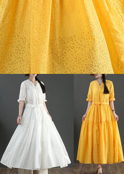 Vintage White V Neck Button Maxi Summer Cotton Dress - SooLinen