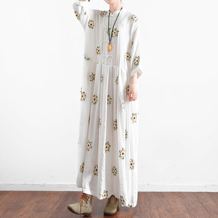 Vintage Weiß Bestickte Chiffon Kleider Lange Plus Größe Kaftane Übergroßen Kleid