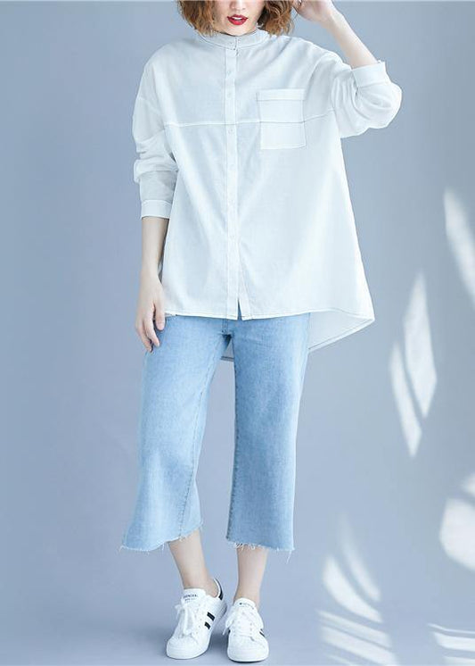 Vintage White low high design Long sleeve Blouses - SooLinen