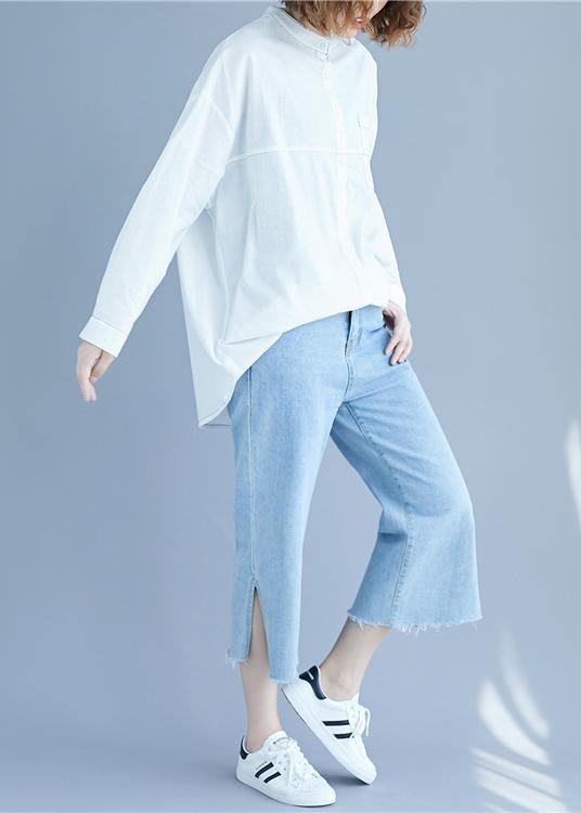 Vintage White low high design Long sleeve Blouses - SooLinen