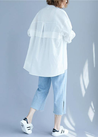 Vintage White low high design Long sleeve Blouses - SooLinen