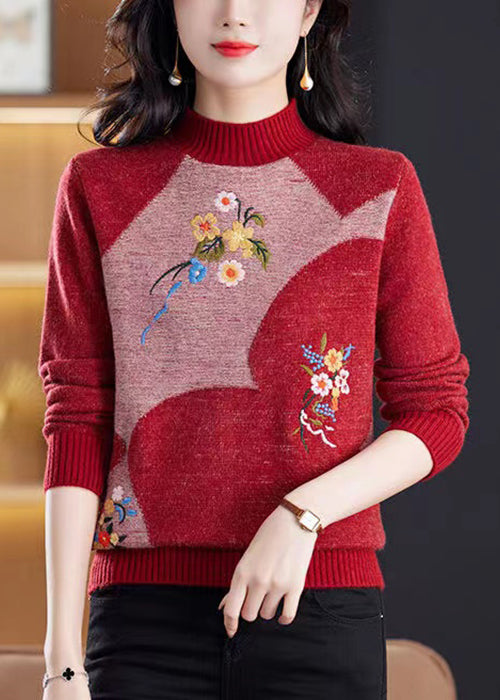 Vintage-Weinroter, bestickter Patchwork-Strickpullover, Winter