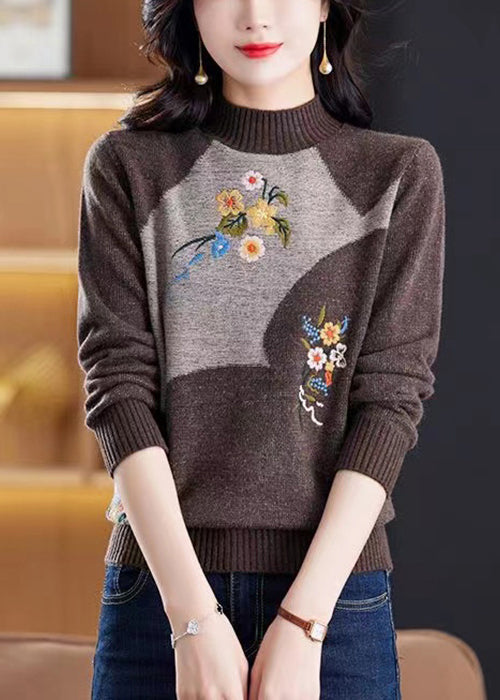 Vintage-Weinroter, bestickter Patchwork-Strickpullover, Winter