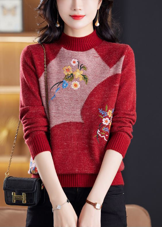 Vintage-Weinroter, bestickter Patchwork-Strickpullover, Winter