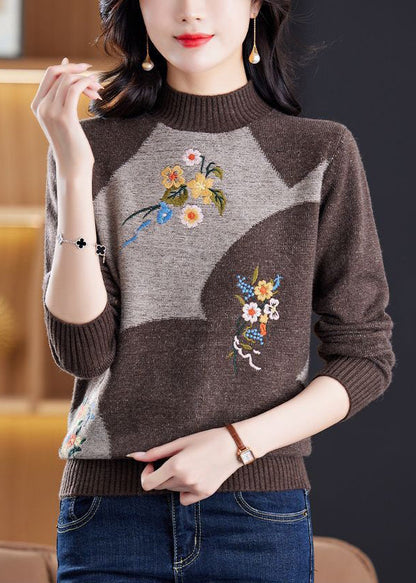 Vintage-Weinroter, bestickter Patchwork-Strickpullover, Winter