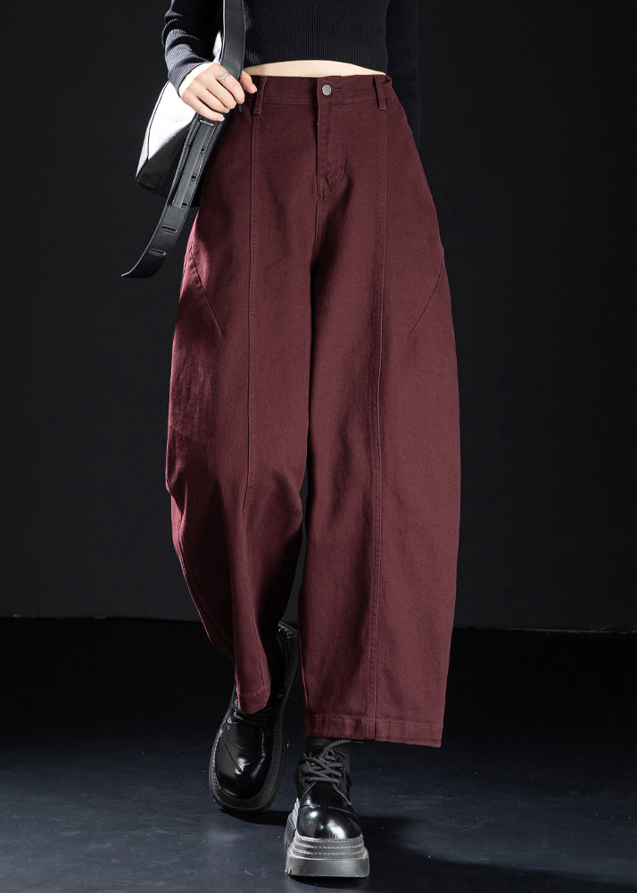 Vintage-Weinrote Jeans-Crop-Hose mit Taschen und elastischem Bund für den Frühling