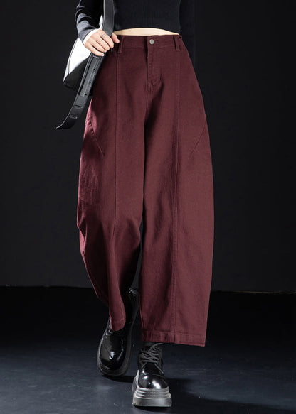 Vintage-Weinrote Jeans-Crop-Hose mit Taschen und elastischem Bund für den Frühling