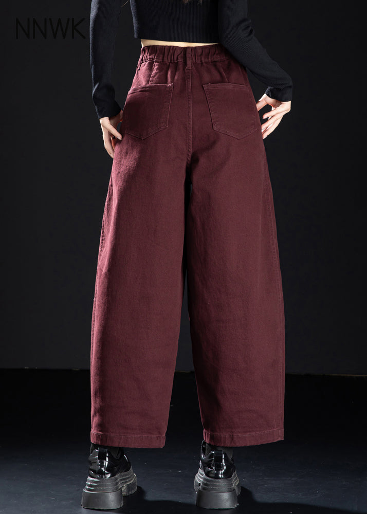 Vintage-Weinrote Jeans-Crop-Hose mit Taschen und elastischem Bund für den Frühling
