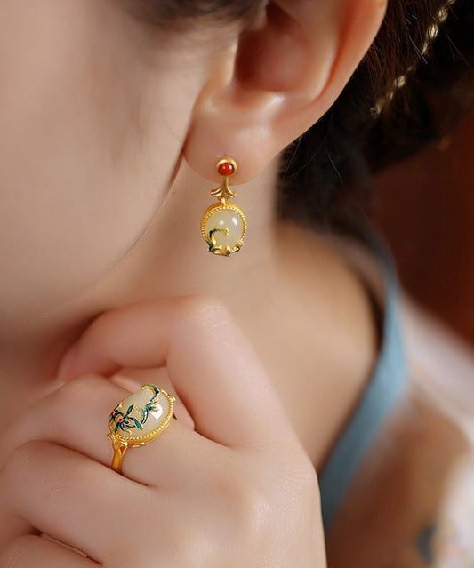 Pendientes colgantes vintage de ágata esmaltada y cobre amarillo dorado